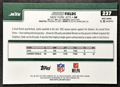 Justin Fields 2025 Topps Chrome Sapphire Jets back