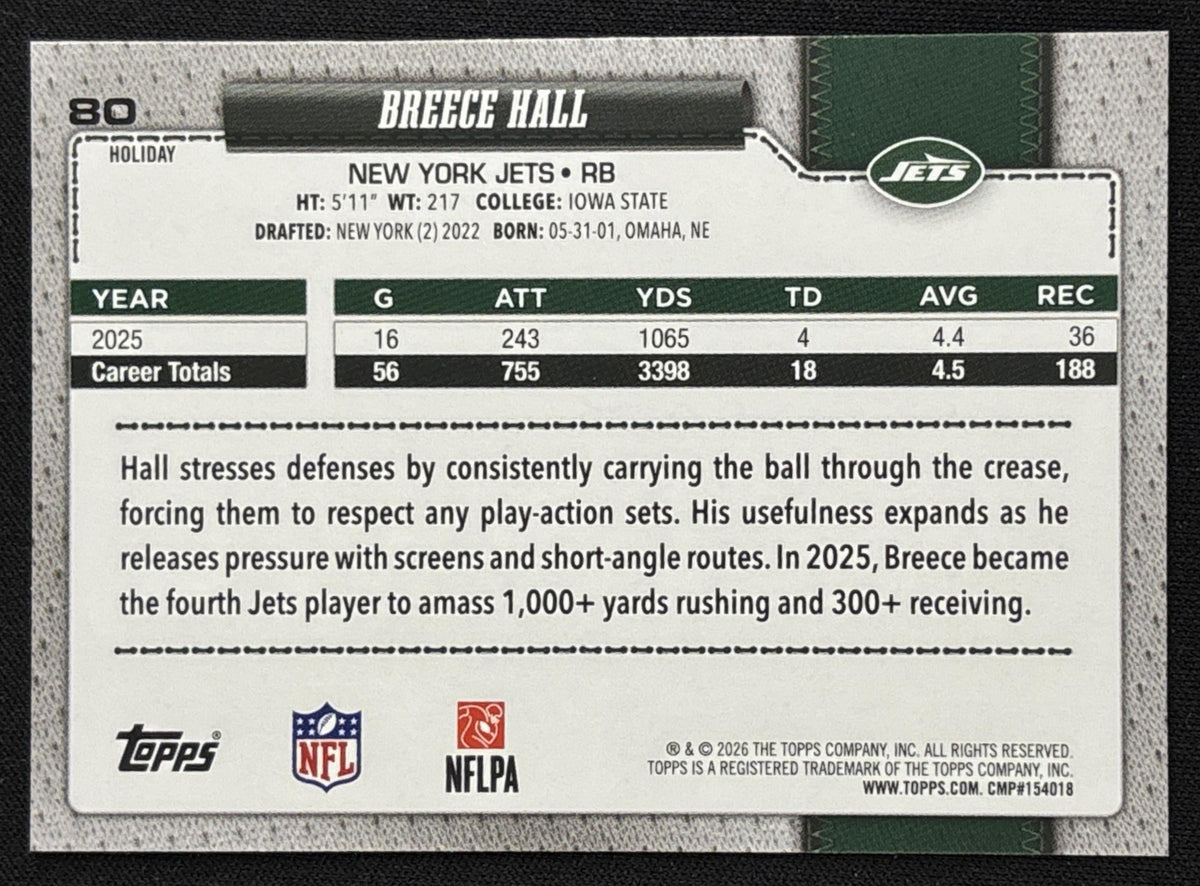 Breece Hall 2026 Topps Holiday Glitter Jets | New York Jets