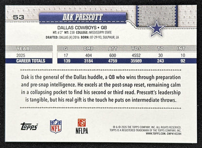 Dak Prescott 2026 Topps Flagship Fanatics Foil Cowboys