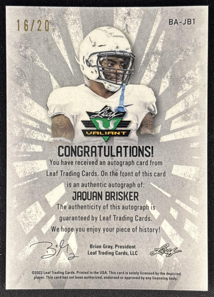 Jaquan Brisker 2022 Leaf Valiant Auto /40 Steelers back