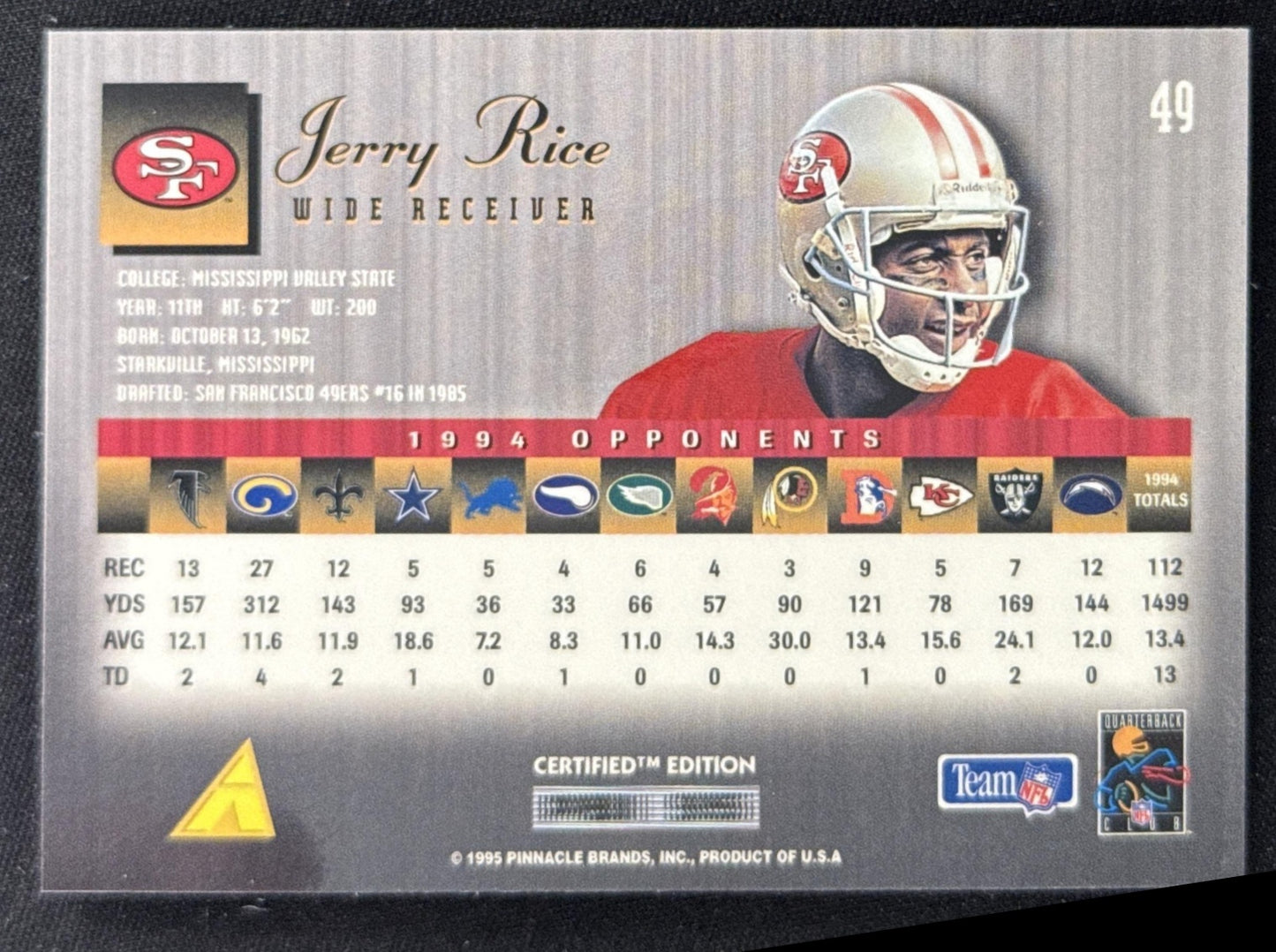 Jerry Rice 1995 Pinnacle Select Certified 49ers Sports Trading Card