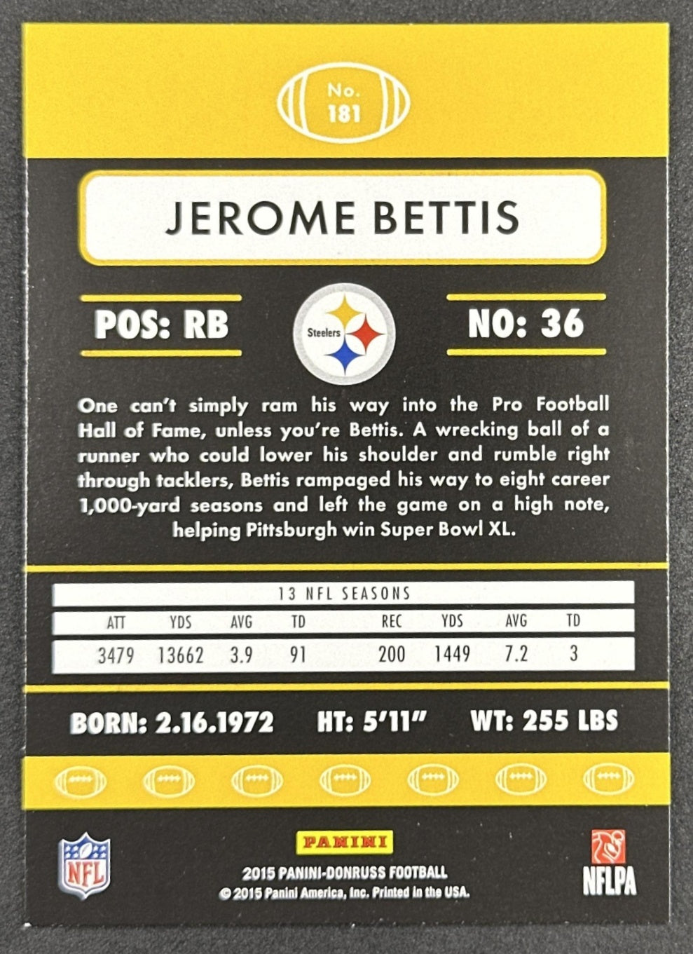 Jerome Bettis 2015 Panini Donruss Steelers Pittsburgh Steelers Sports Trading Card