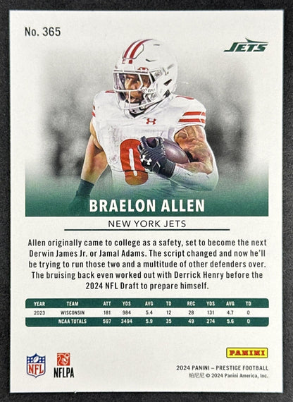 Braelon Allen 2024 Panini Prestige Diamond Xtra Points Jets Sports Trading Card