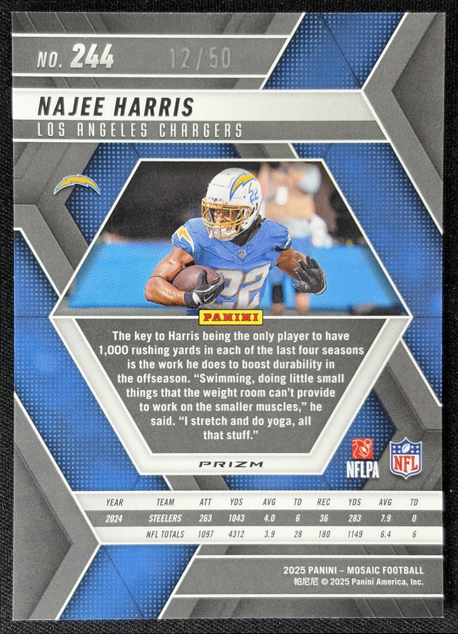 Najee Harris 2025 Panini Mosaic No Huddle Purple Prizm /50 Chargers