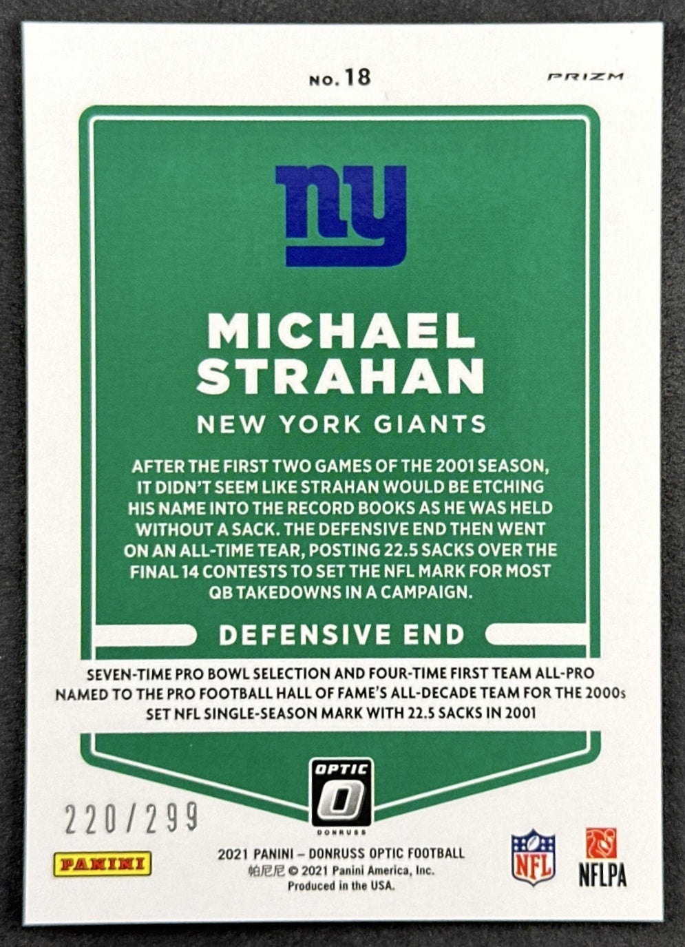Michael Strahan 2021 Panini Donruss Optic Wave /299 Giants back