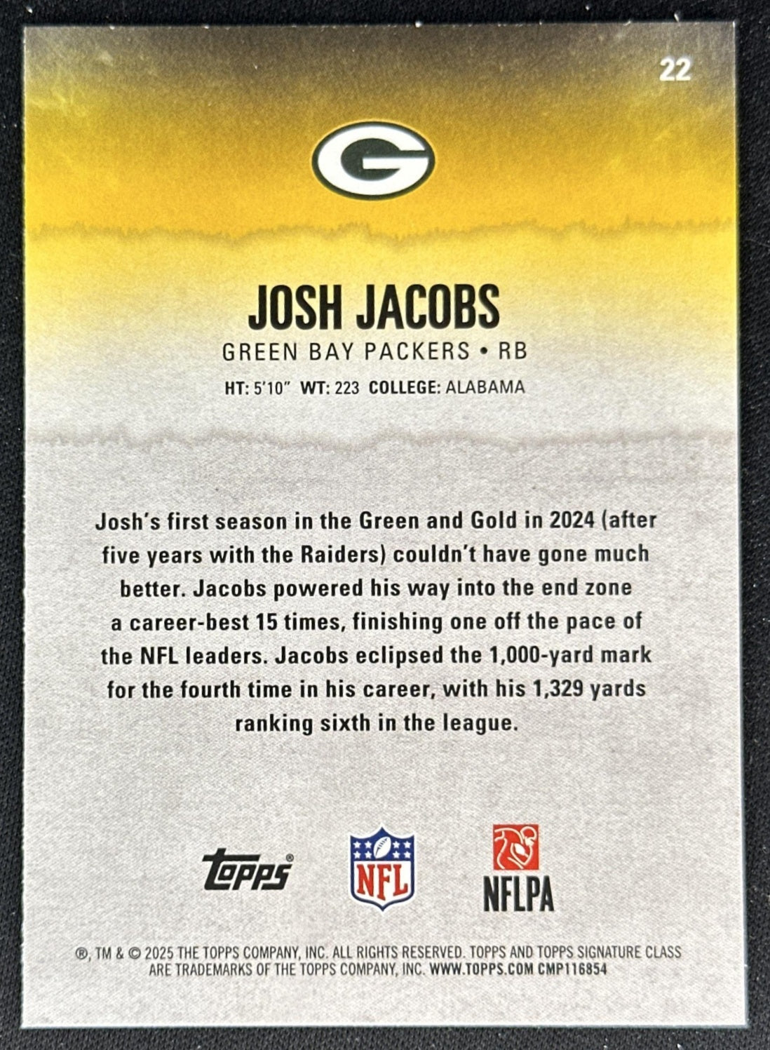 Josh Jacobs 2025 Topps Signature Class Veteran Red & Black Foil Packers back