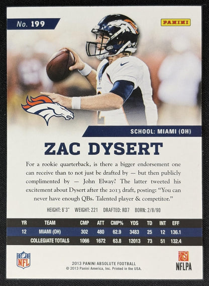 Zac Dysert 2013 Panini Absolute /499 Broncos back