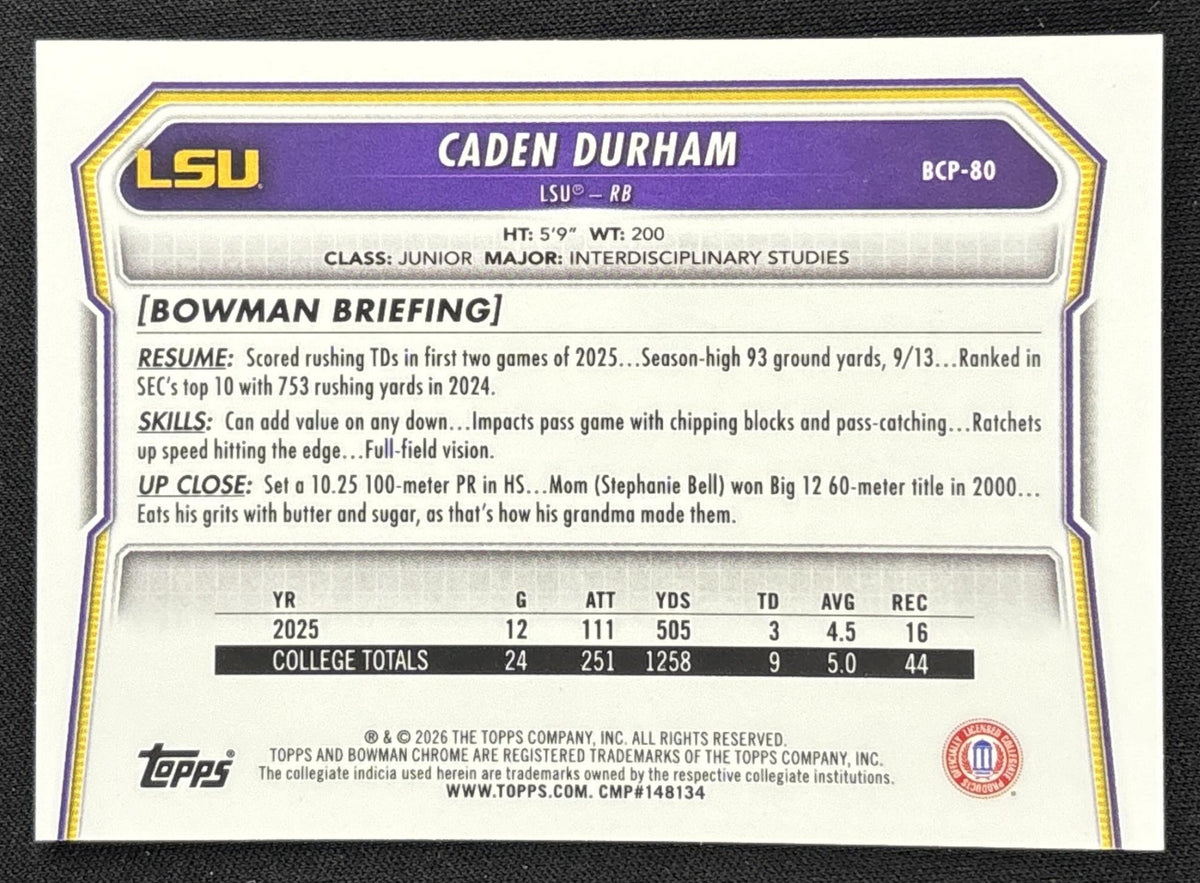 Caden Durham 2026 Bowman Chrome Prospects Mojo Refractor Tigers