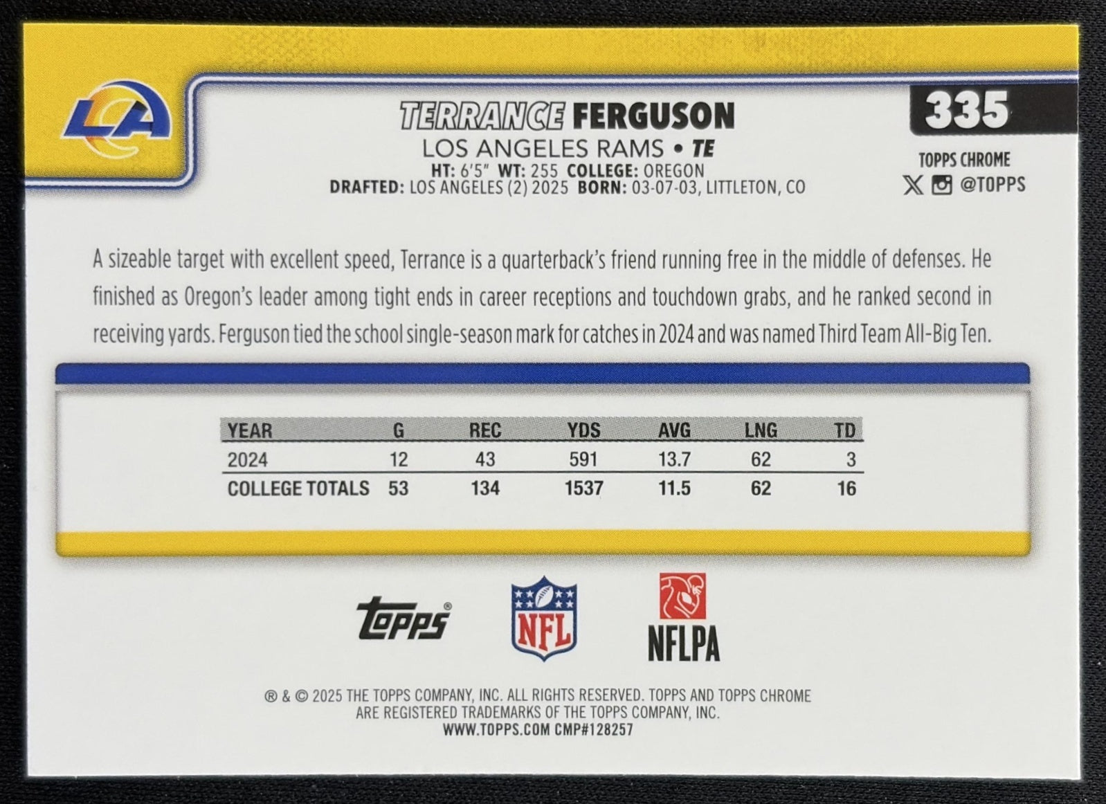 Terrance Ferguson 2025 Topps Chrome Rookie Red/White/Blue Refractor Rams back