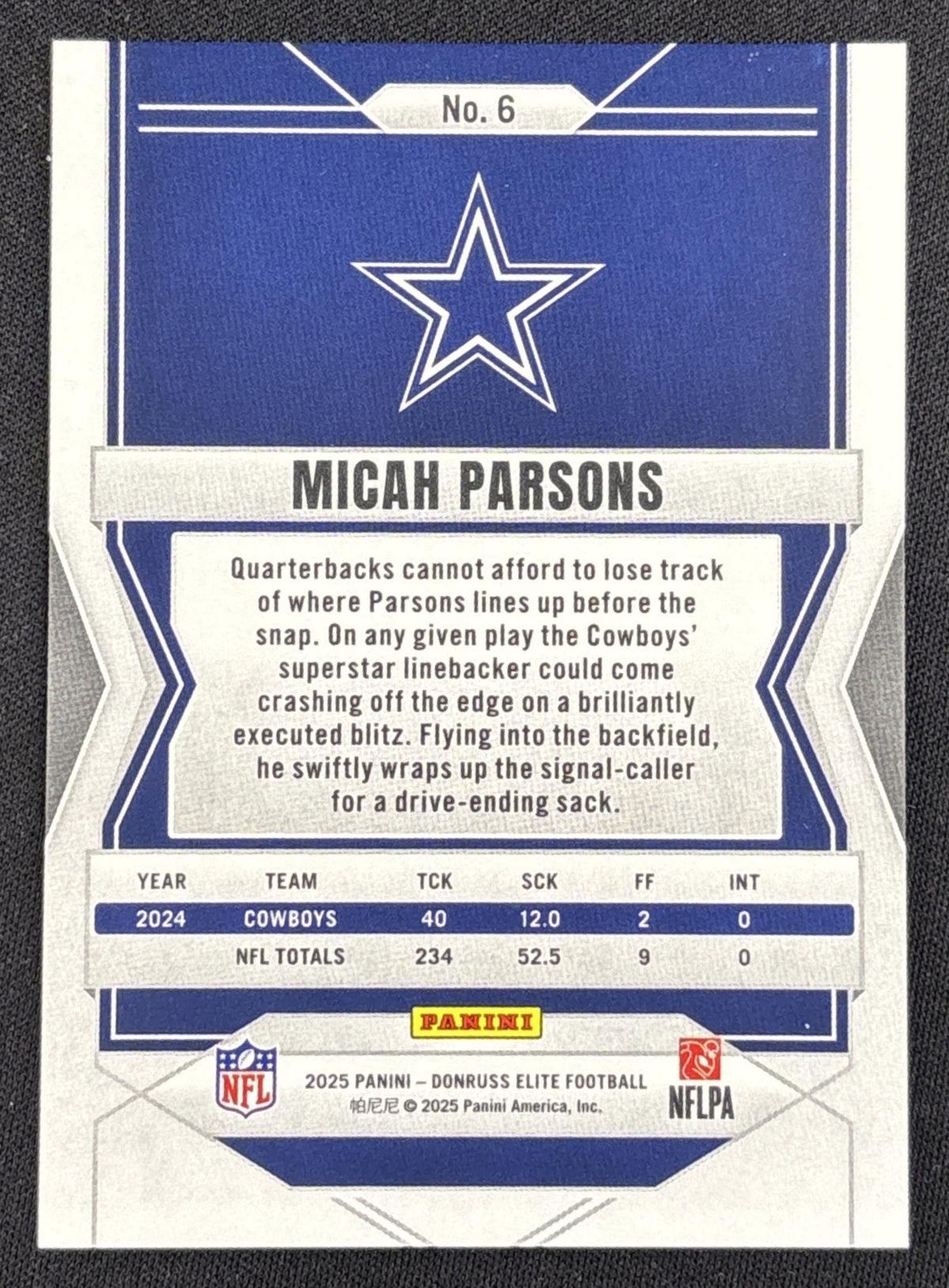 Micah Parsons 2025 Panini Donruss Elite Aspirations Lime Green /999 Cowboys back