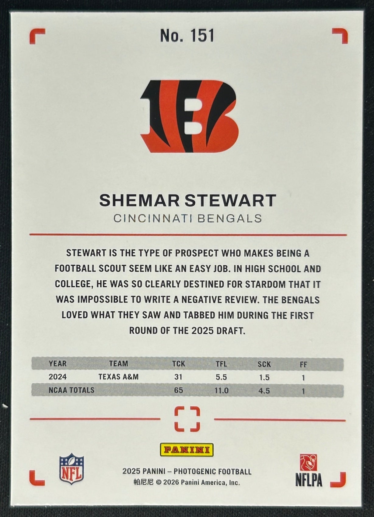Shemar Stewart 2025 PhotoGenic Rookies Bengals Sports Trading Cards