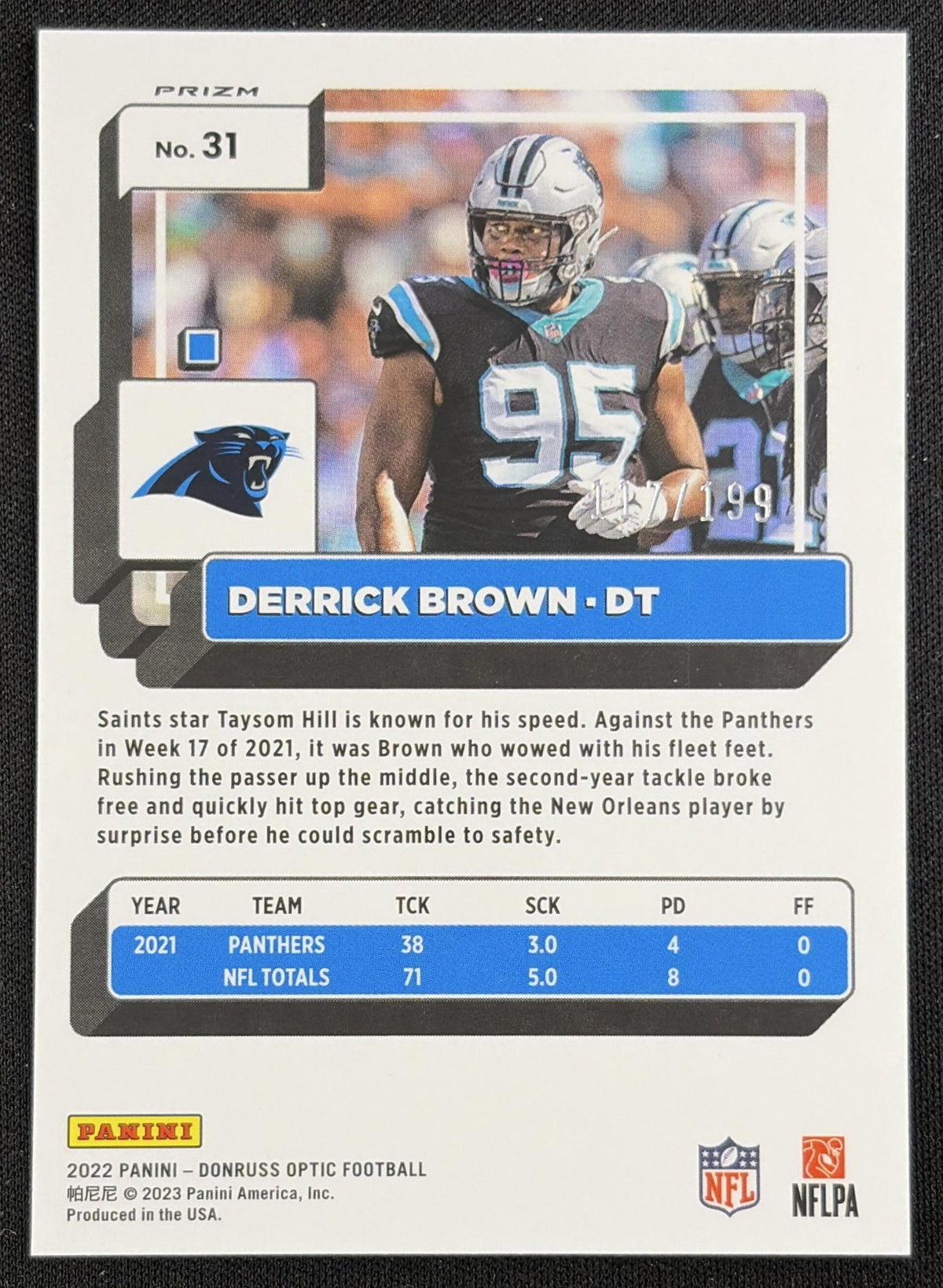 Derrick Brown 2022 Panini Donruss Optic Orange /199 Panthers Sports Trading Card