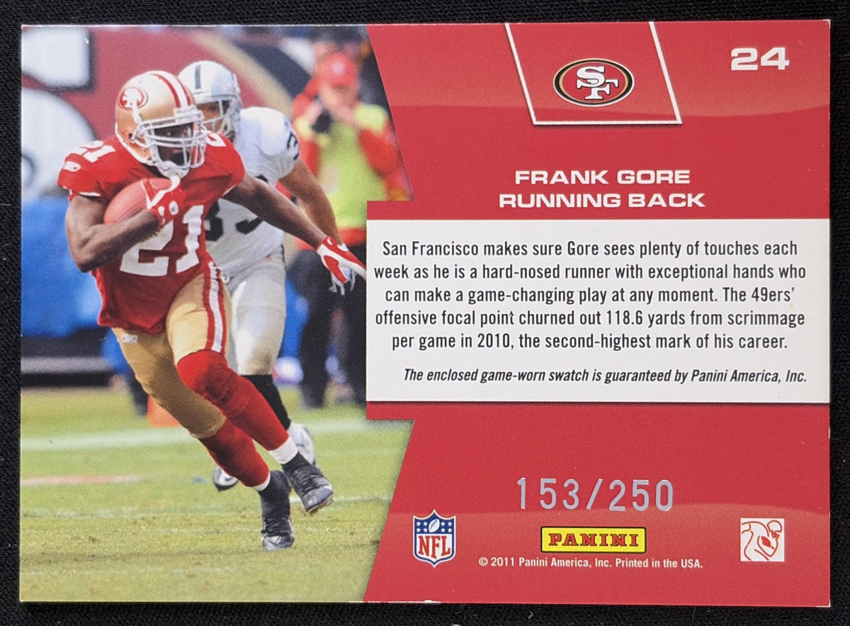 Frank Gore 2011 Panini Prestige Prestigious Pros Materials Red /250 49ers - Back