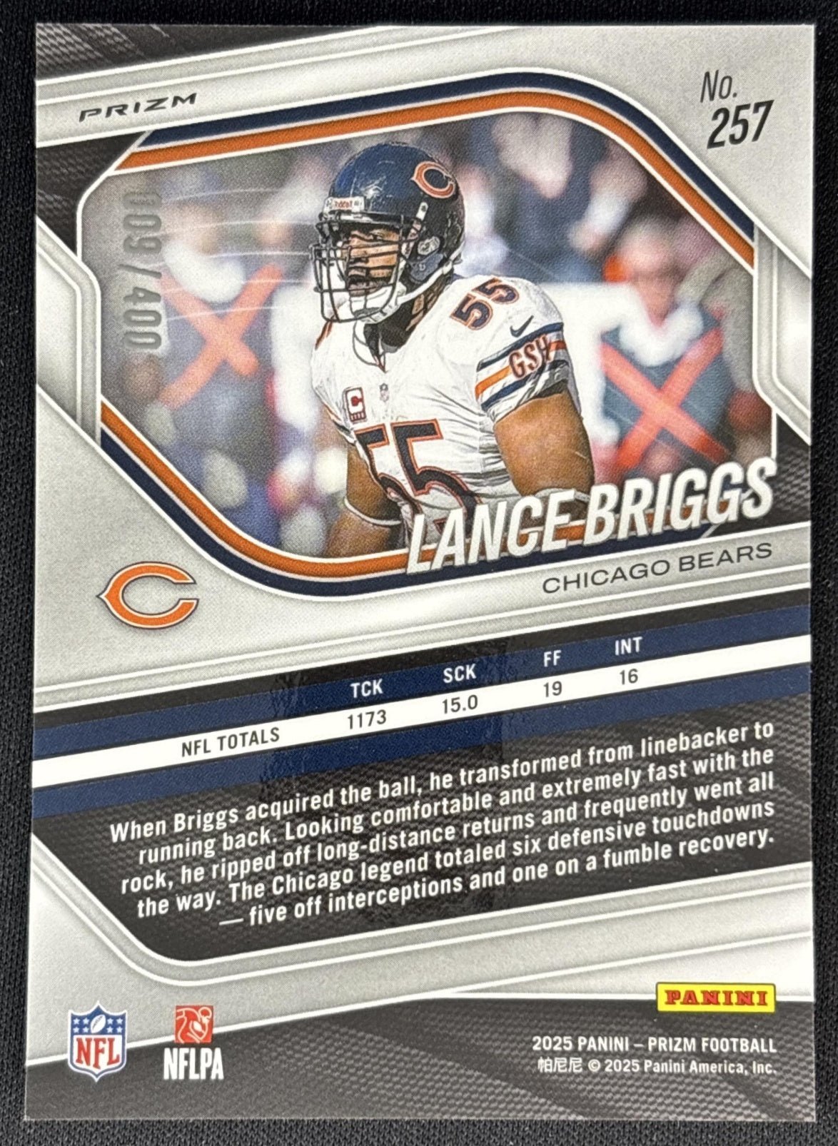 Lance Briggs 2025 Panini Prizm Pandora /400 Bears back