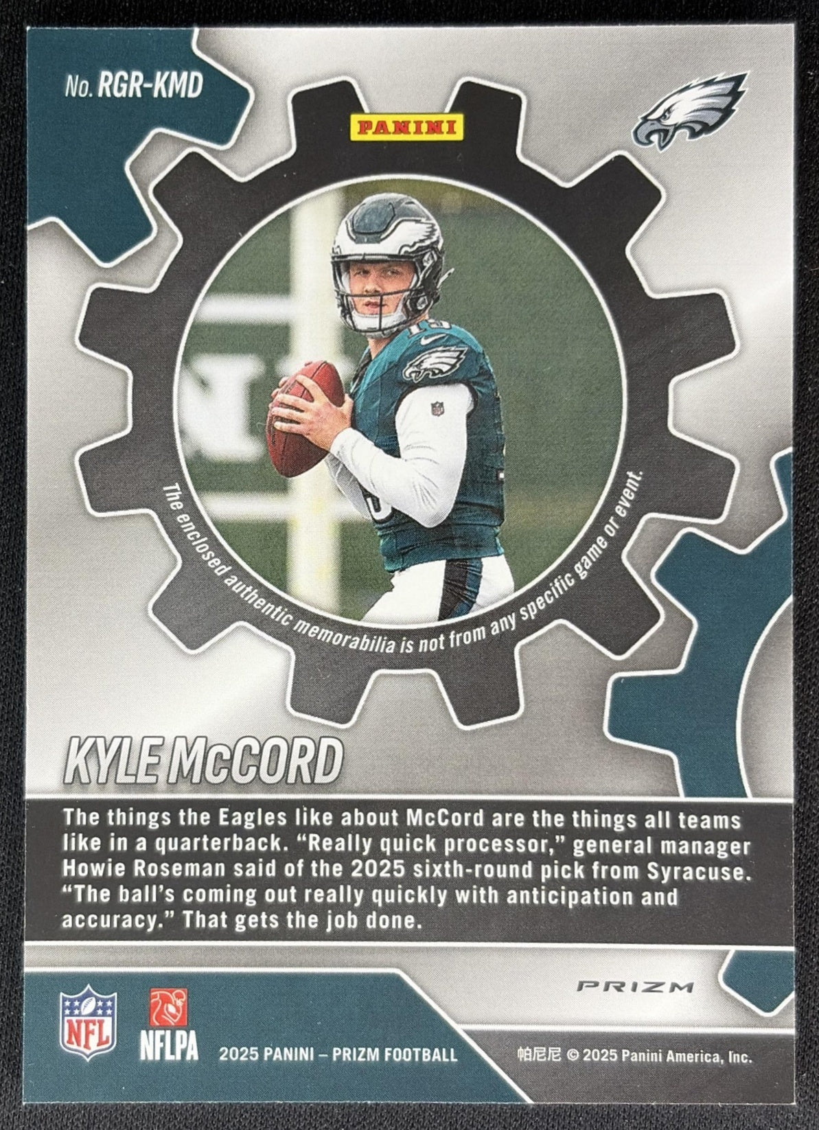 Kyle McCord 2025 Panini Prizm Rookie Gear Neon Green Pulsar Eagles back