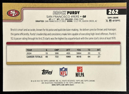 Brock Purdy 2025 Topps Chrome Pulsar Refractor 49ers back