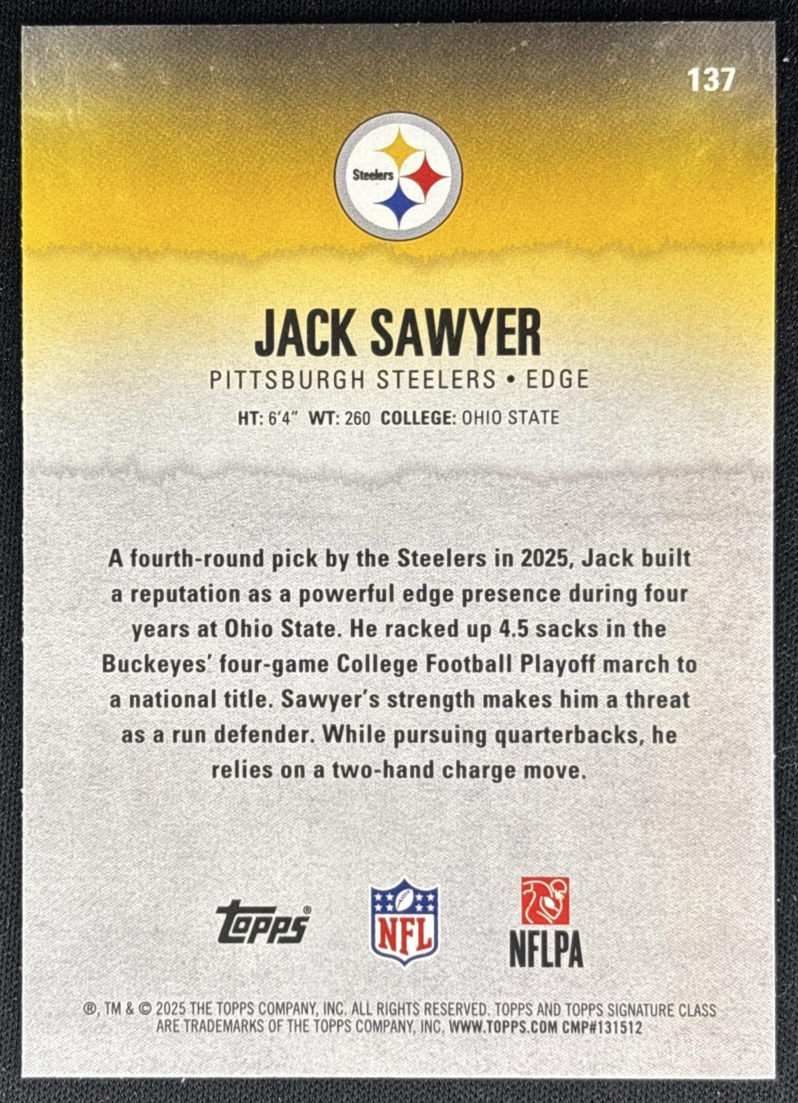 Jack Sawyer 2025 Topps Signature Class Rookie Blue & Yellow Foil Steelers Back