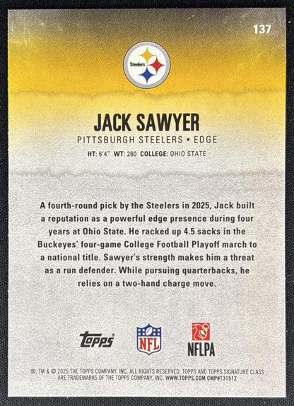 Jack Sawyer 2025 Topps Signature Class Rookie Blue & Yellow Foil Steelers Back