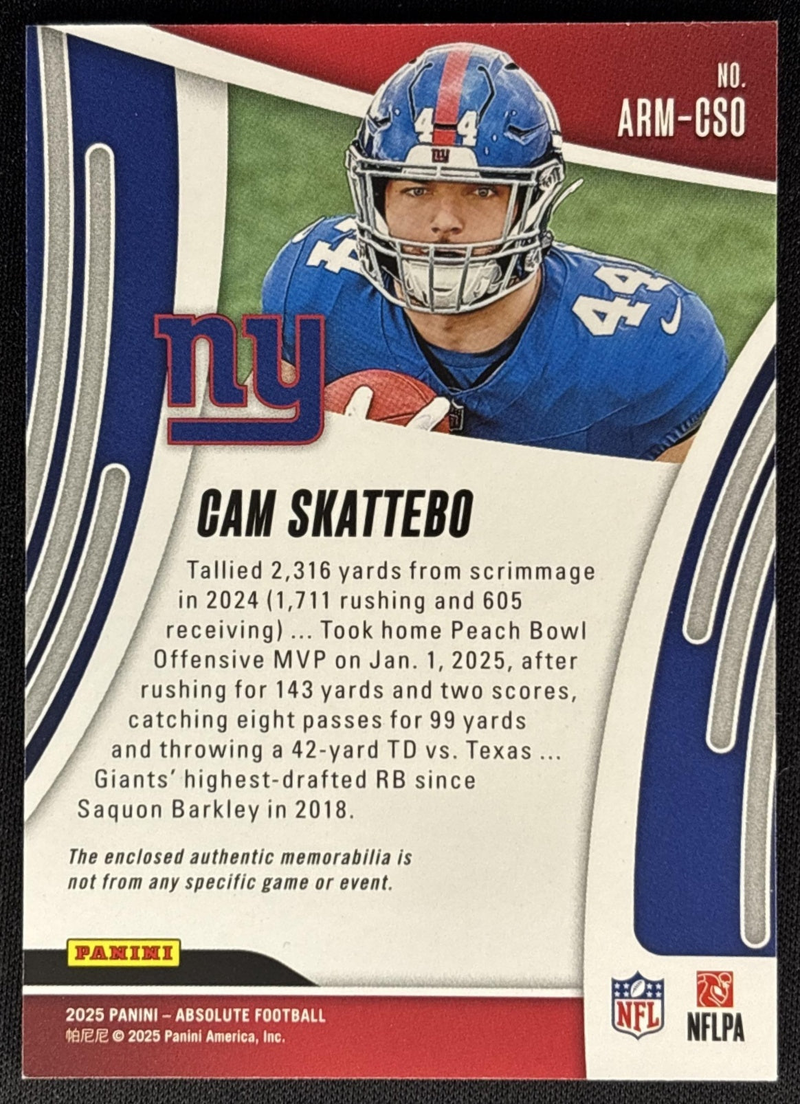 Cam Skattebo 2025 Panini Absolute Rookie Materials Giants back