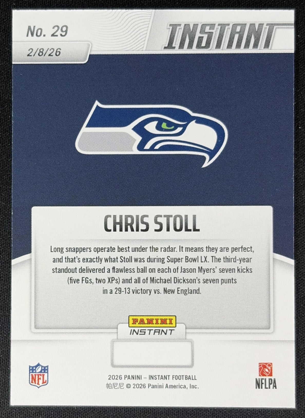 Chris Stoll 2026 Panini Instant Super Bowl LIX Champions Seattle Seahawks back