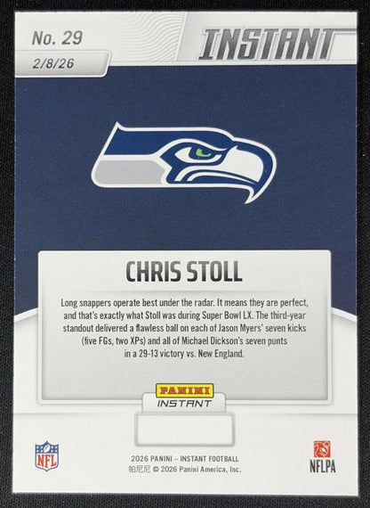 Chris Stoll 2026 Panini Instant Super Bowl LIX Champions Seattle Seahawks back