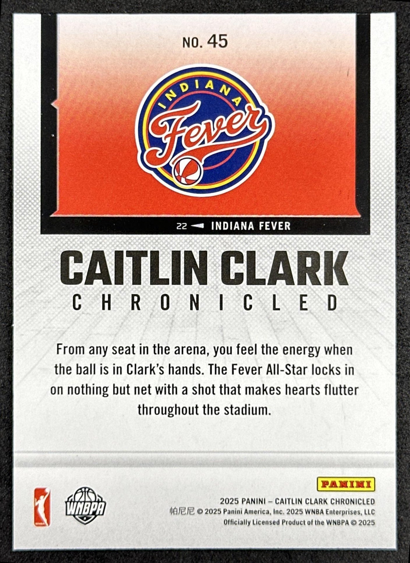 Caitlin Clark 2025 Panini Chronicled WNBA Holo Fever 45 Indiana Fever