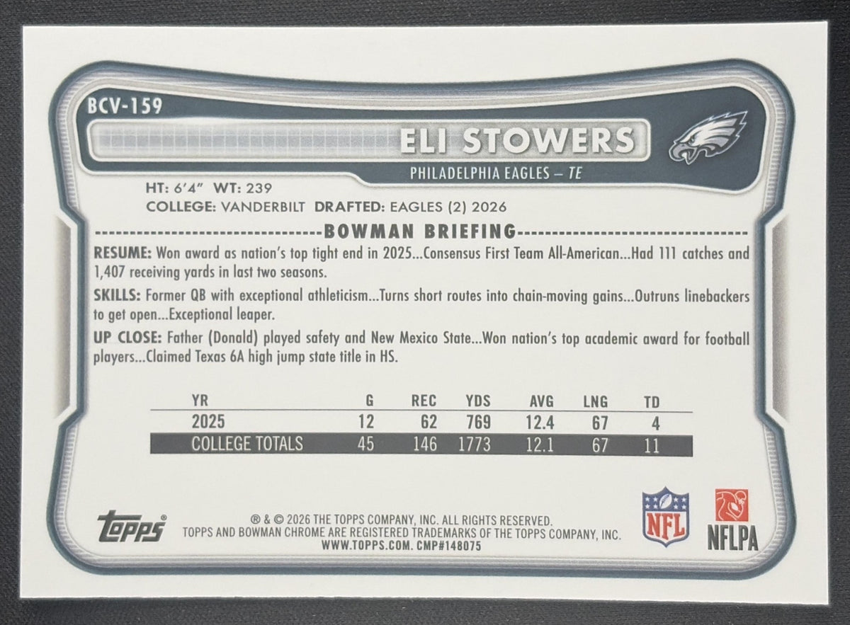 Eli Stowers 2026 Bowman Chrome NFL Mojo Refractor Eagles Sports Trading Card