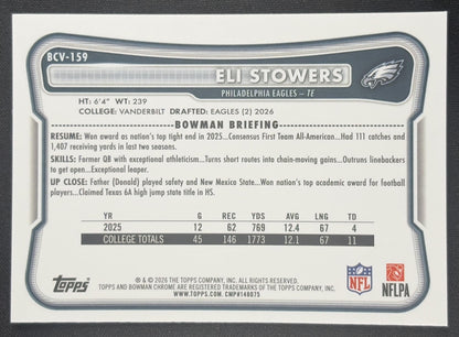 Eli Stowers 2026 Bowman Chrome NFL Mojo Refractor Eagles Sports Trading Card