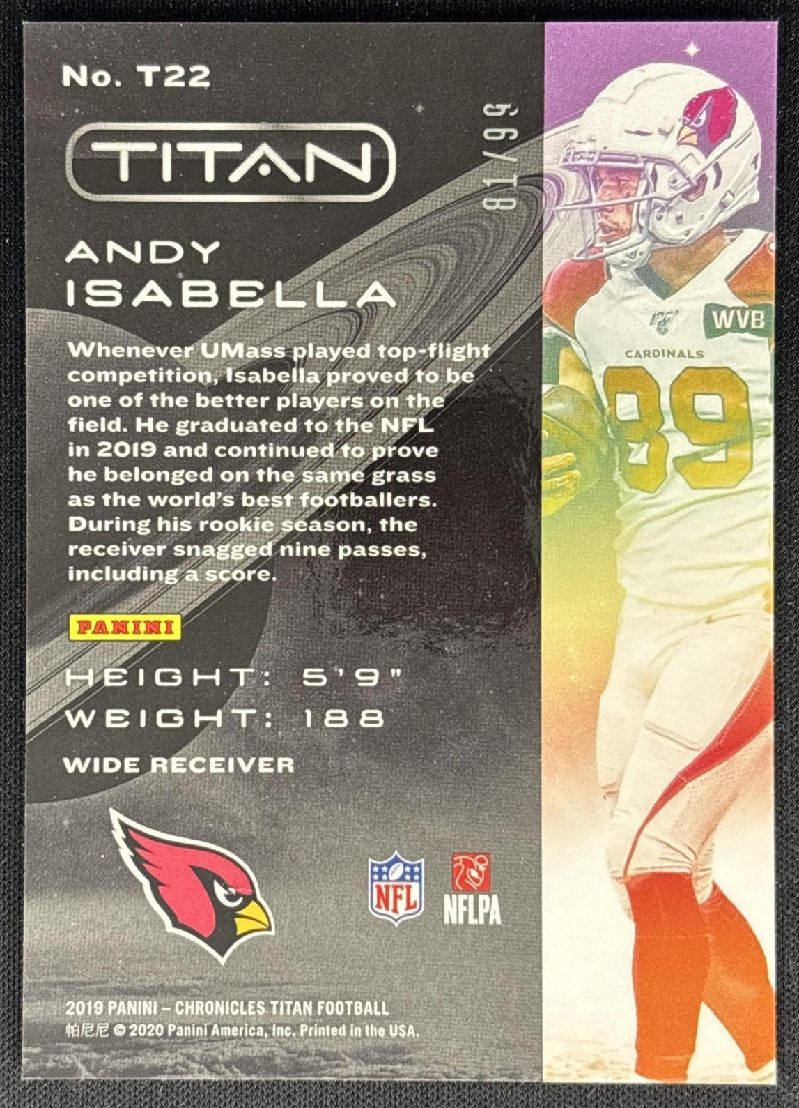 Andy Isabella 2019 Panini Chronicles Titan Red /99 Cardinals back