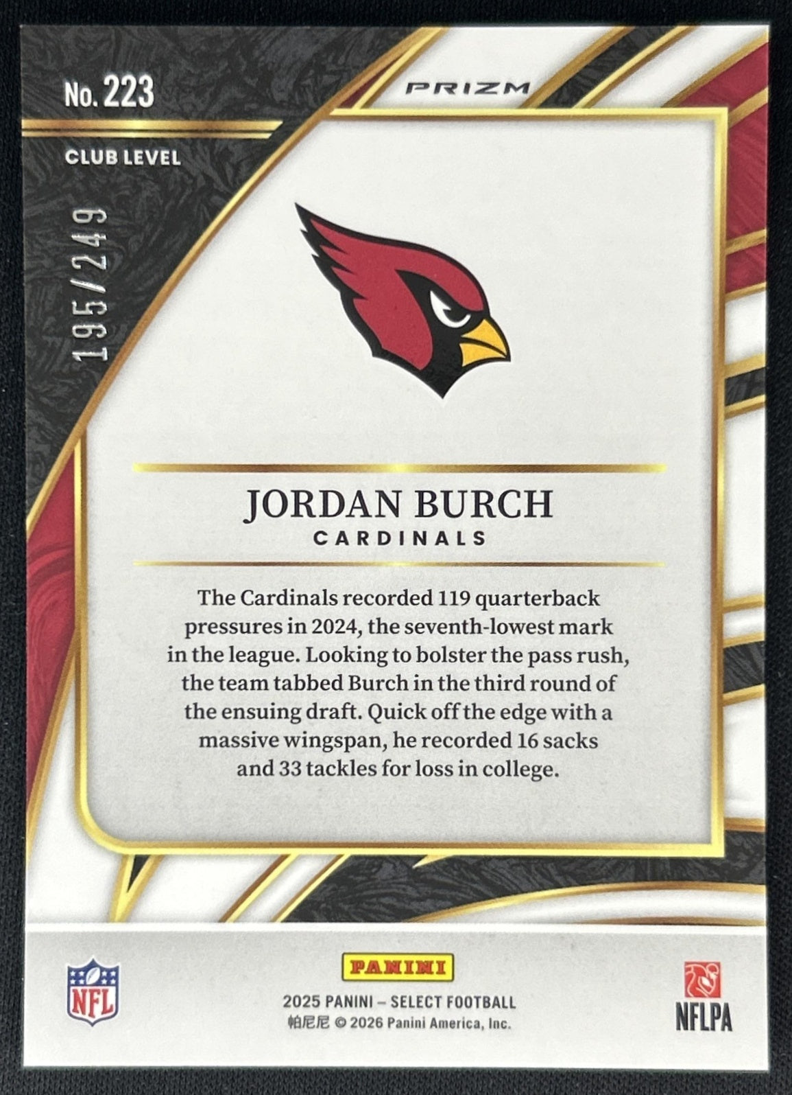 Jordan Burch 2025 Panini Select Club Level Tri-Color Prizm /249 Cardinals back