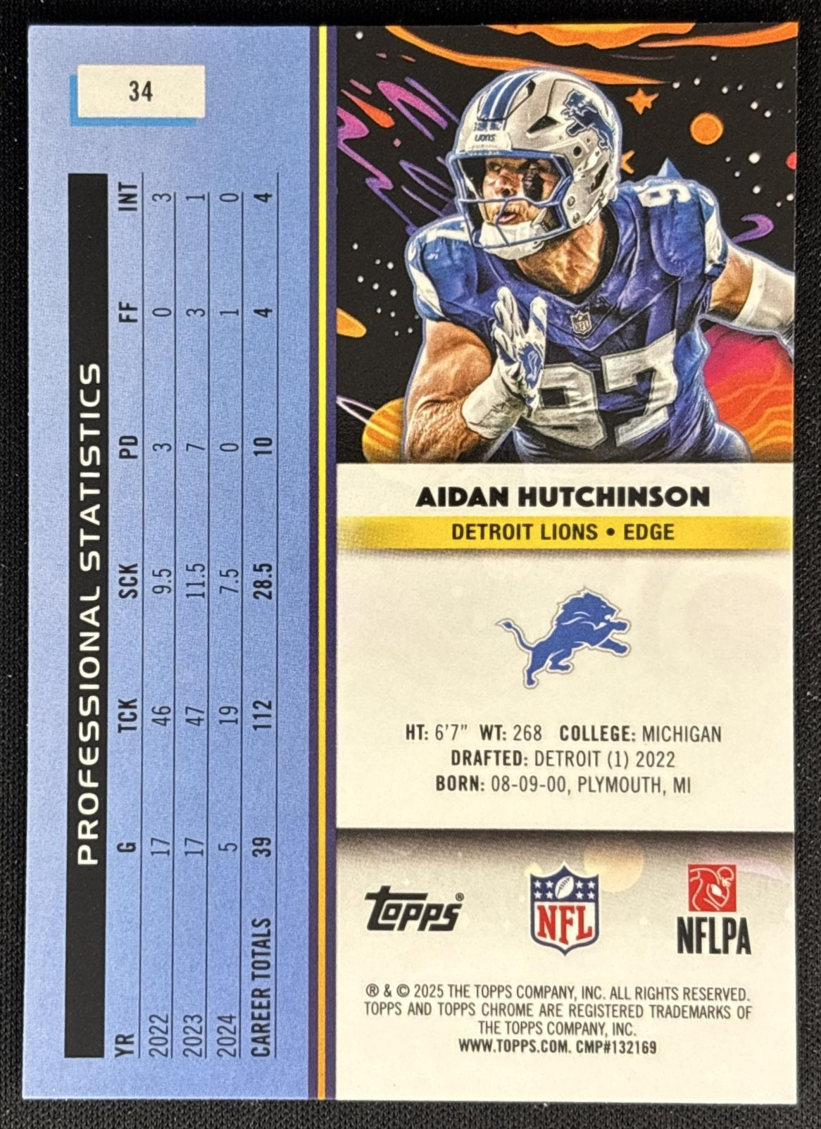Aidan Hutchinson 2025 Topps Cosmic Chrome Lions back