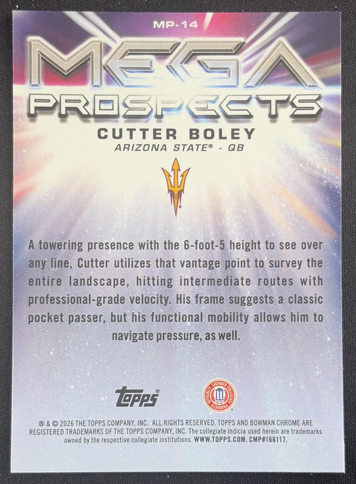 Cutter Boley 2026 Bowman Chrome Mega Prospects Mojo Refractor Sun Devils Arizona State Sun Devils Sports Trading Card