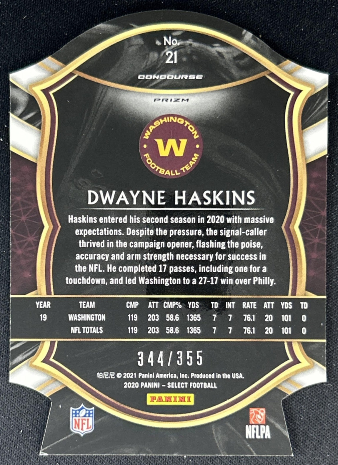 Dwayne Haskins 2020 Panini Select Copper Prizm Die Cut /355