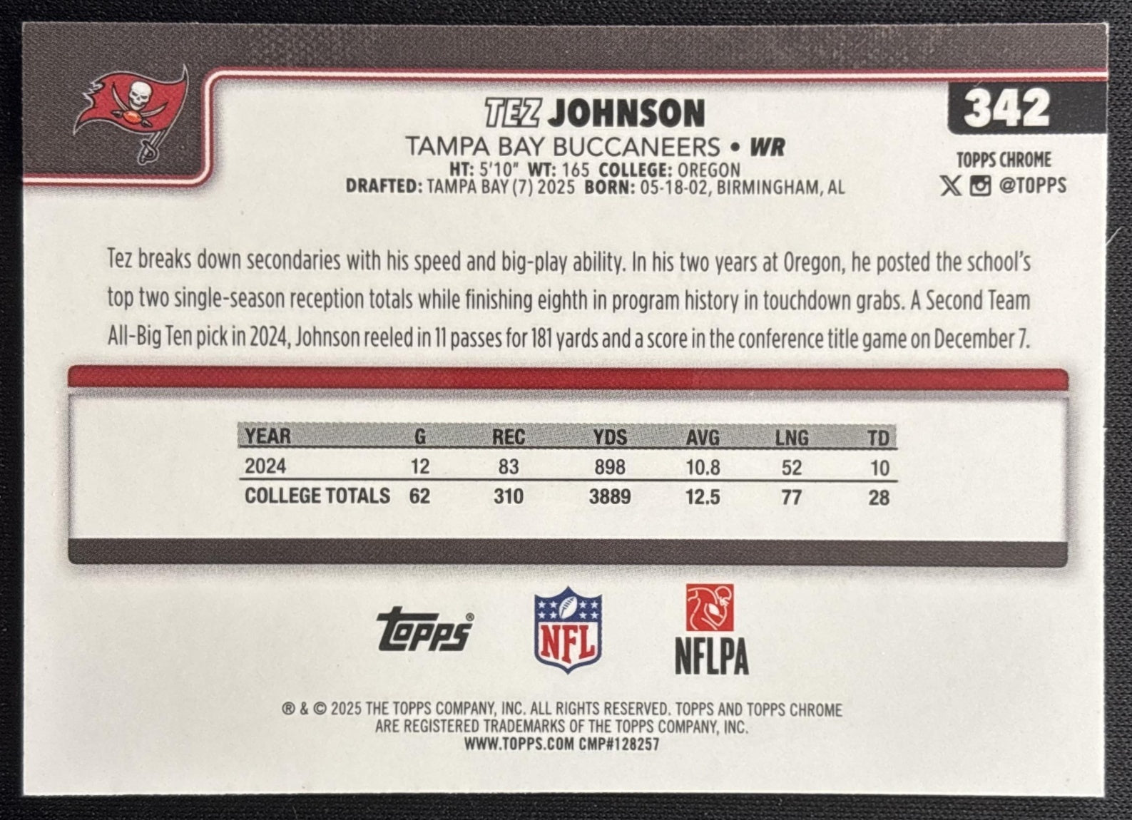 Tez Johnson 2025 Topps Chrome Rookie Purple Wave Refractor /75 Buccaneers Sports Trading Cards
