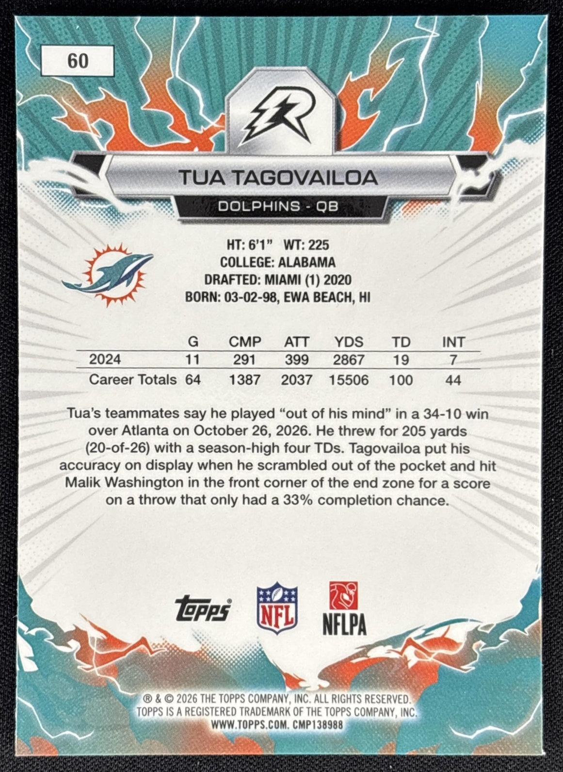 Tua Tagovailoa 2025 Topps Resurgence Blue and Orange Spark Refractor Dolphins