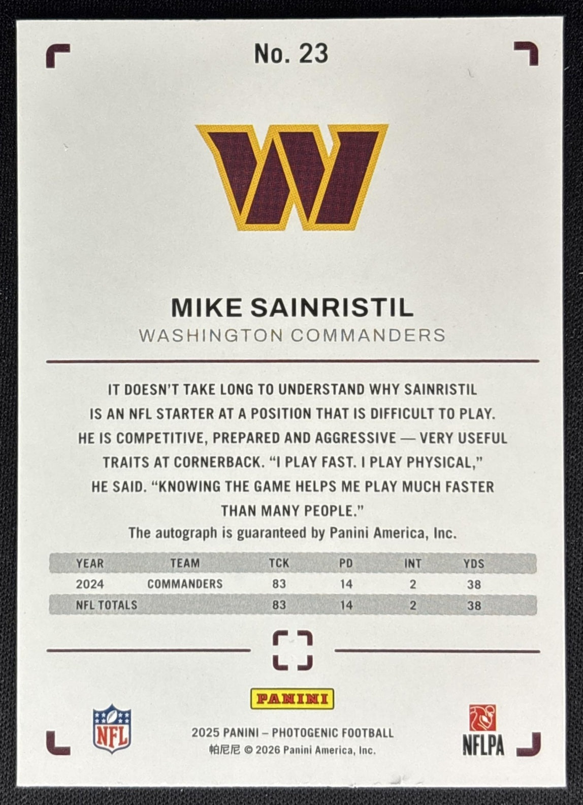 Mike Sainristil 2025 Panini PhotoGenic Auto Commanders Sports Trading Card