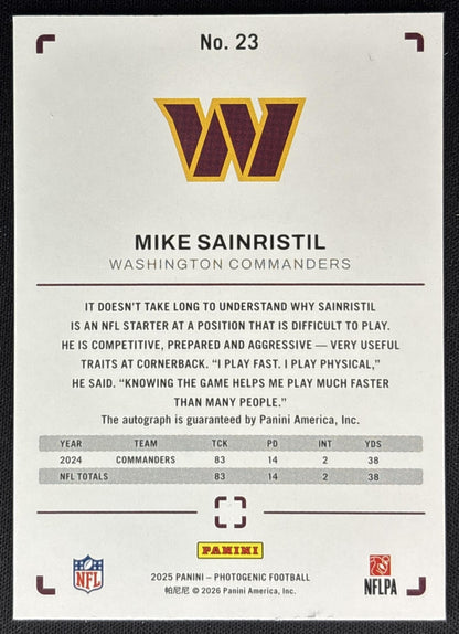 Mike Sainristil 2025 Panini PhotoGenic Auto Commanders Sports Trading Card