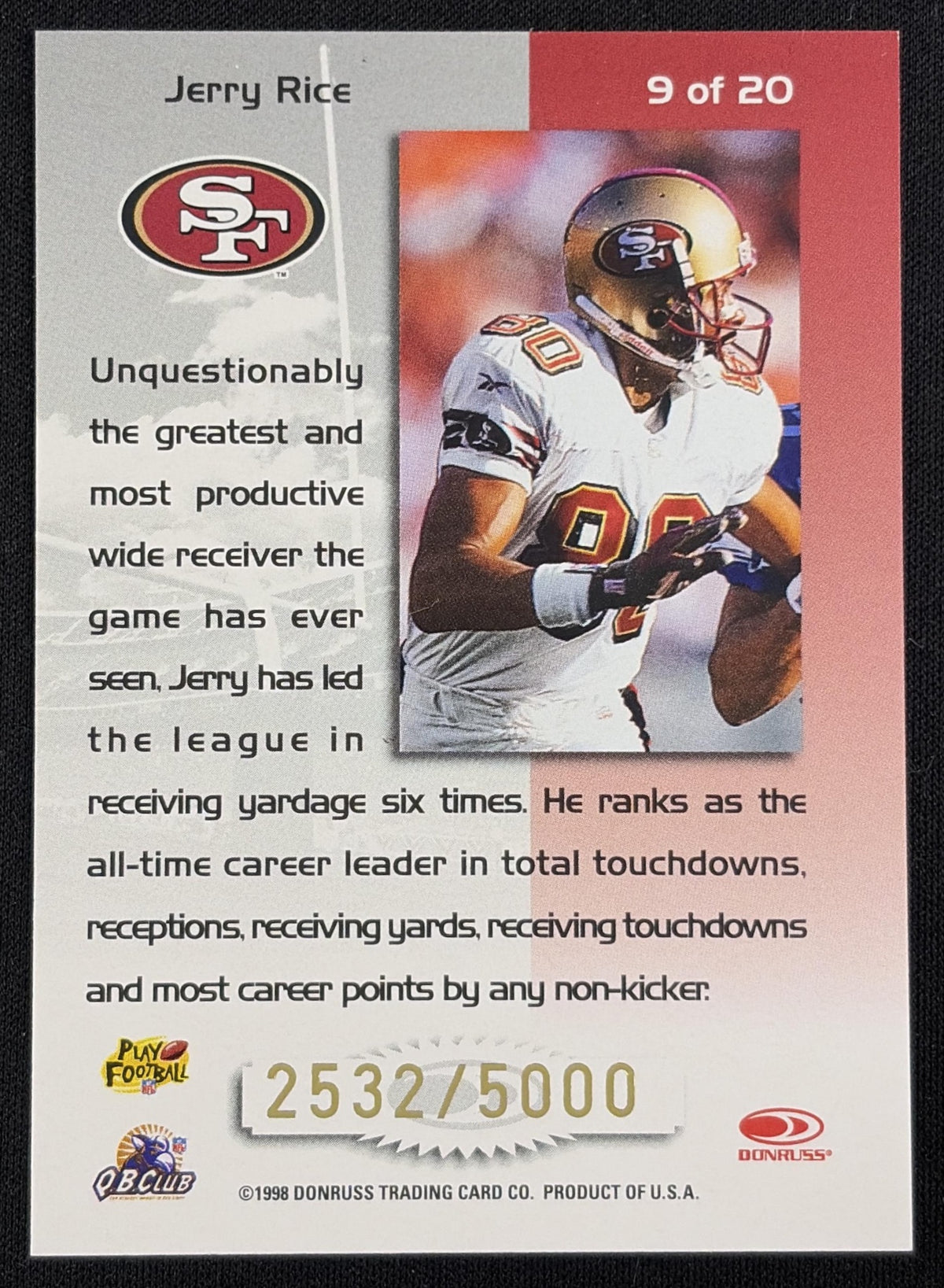 Jerry Rice 1998 Leaf Rookies & Stars Touchdown Club /5000 49ers - Back