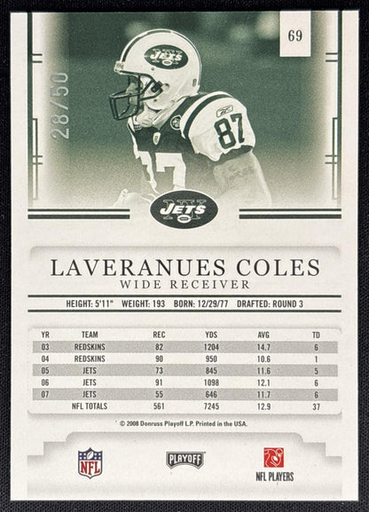 Laveranues Coles 2008 Playoff Prestige Xtra Points Purple /50 Jets back