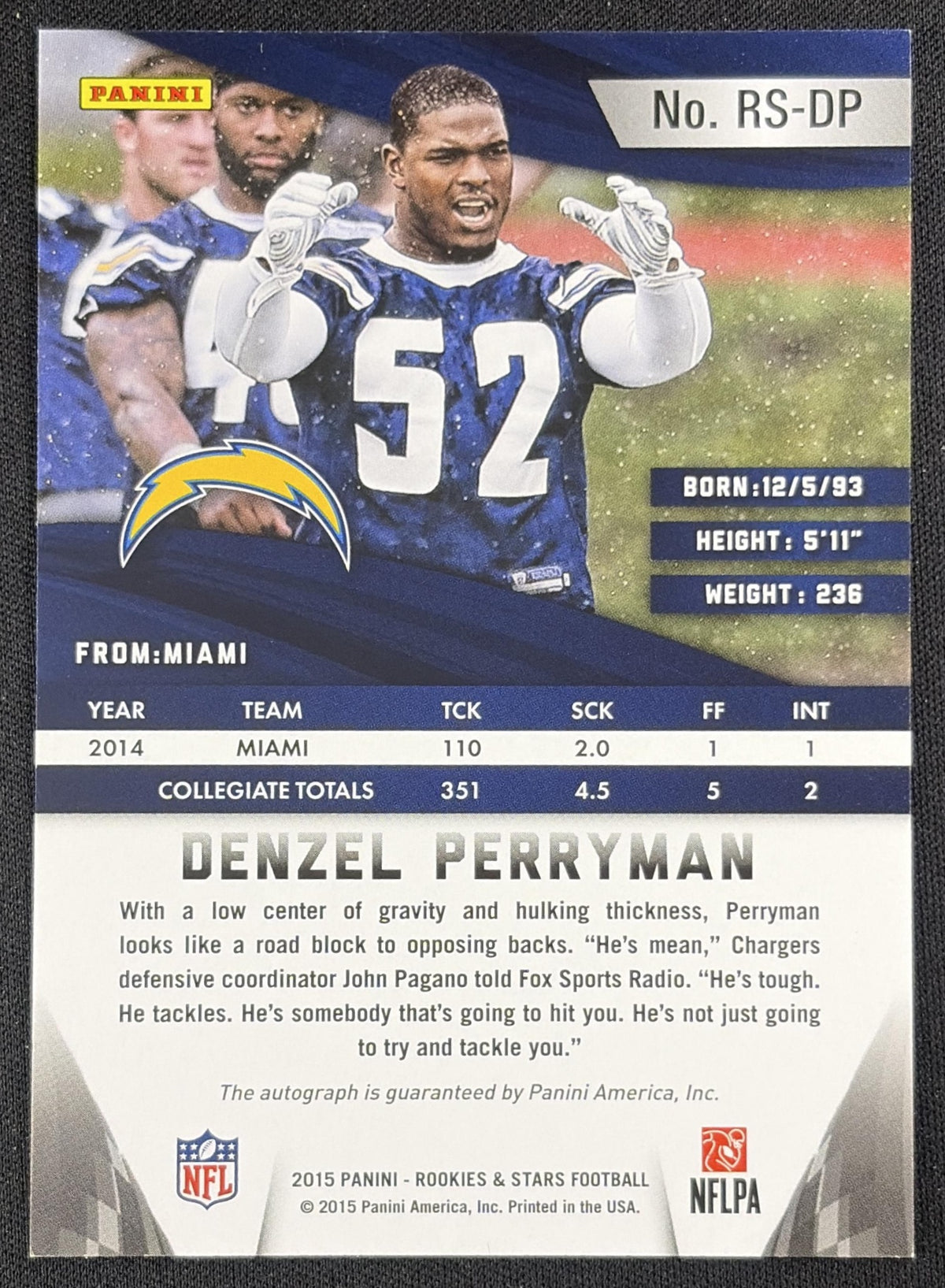 Denzel Perryman 2015 Panini Rookies & Stars Longevity Rookie Signatures Chargers