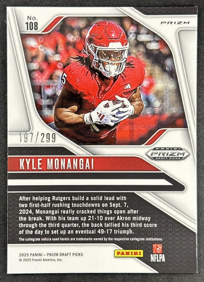 Kyle Monangai 2025 Panini Prizm Draft Picks Blue Wave /299 Scarlet Knights back