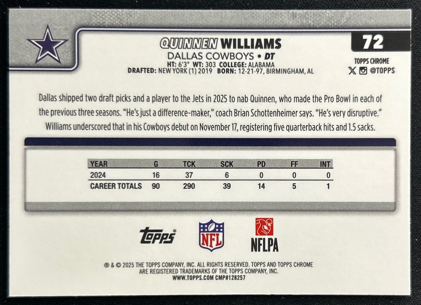 Quinnen Williams 2025 Topps Chrome Cowboys Sports Trading Cards