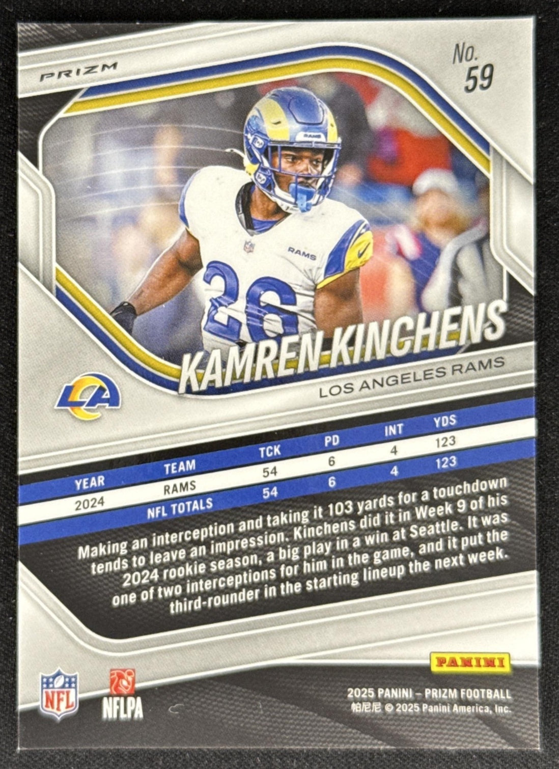 Kamren Kinchens 2025 Panini Prizm Red White & Blue Rams Los Angeles Rams Sports Trading Card