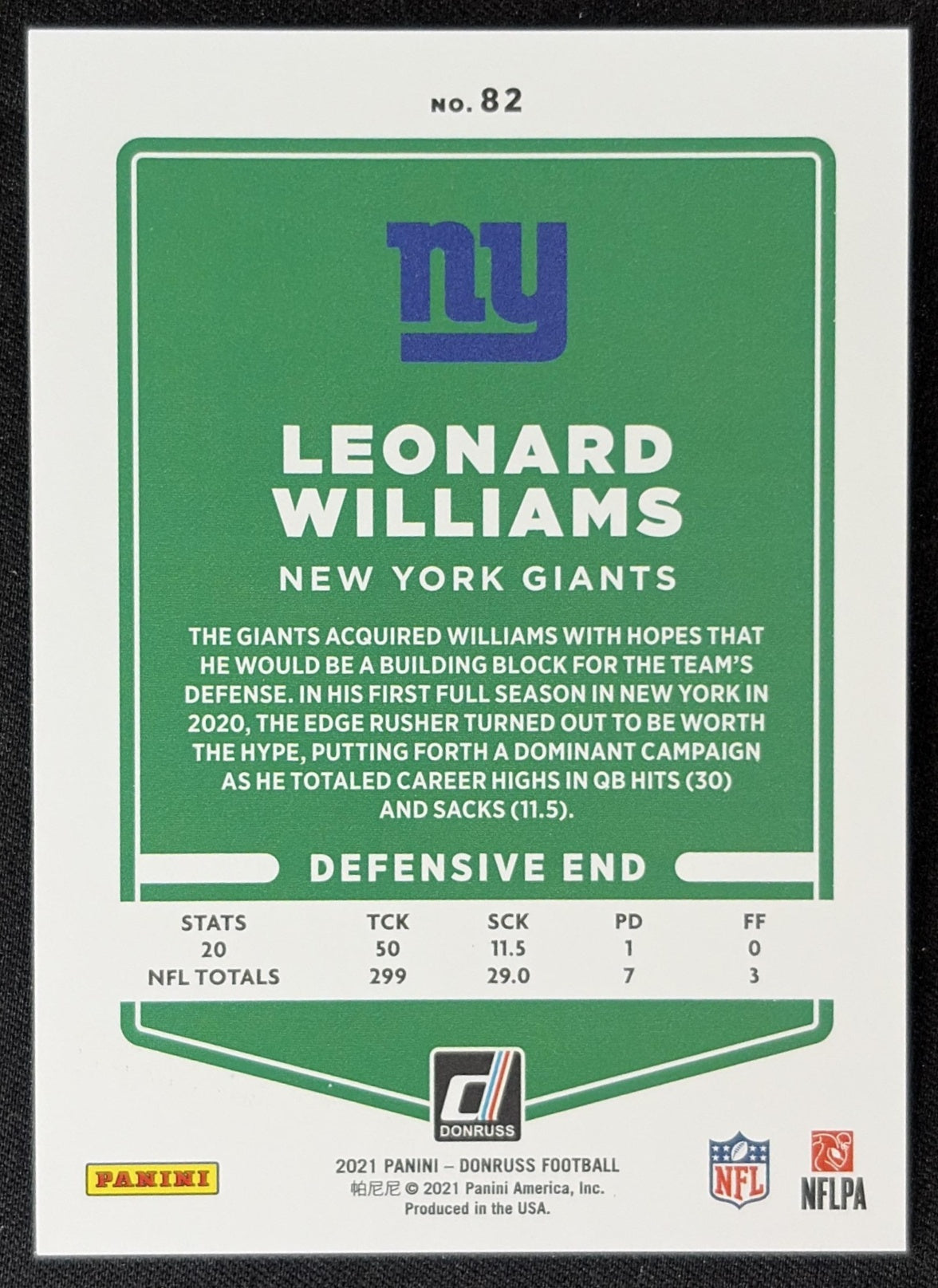 Leonard Williams 2021 Panini Donruss Press Proof Premium Giants - New York Giants