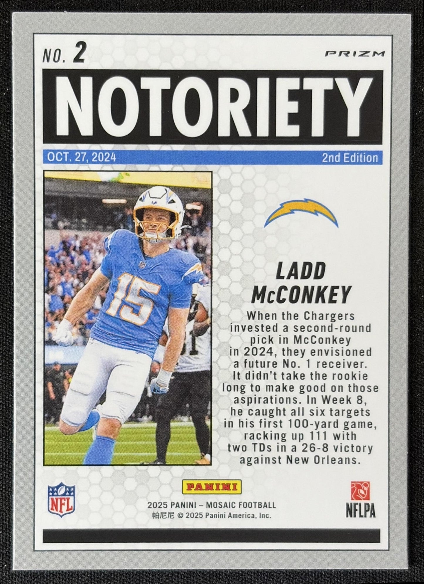 Ladd McConkey 2025 Panini Mosaic Notoriety Orange Fluorescent Prizm Chargers back