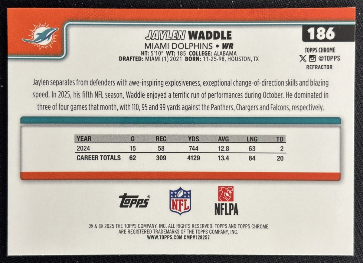 Jaylen Waddle 2025 Topps Chrome Refractor Dolphins Sports Trading Cards
