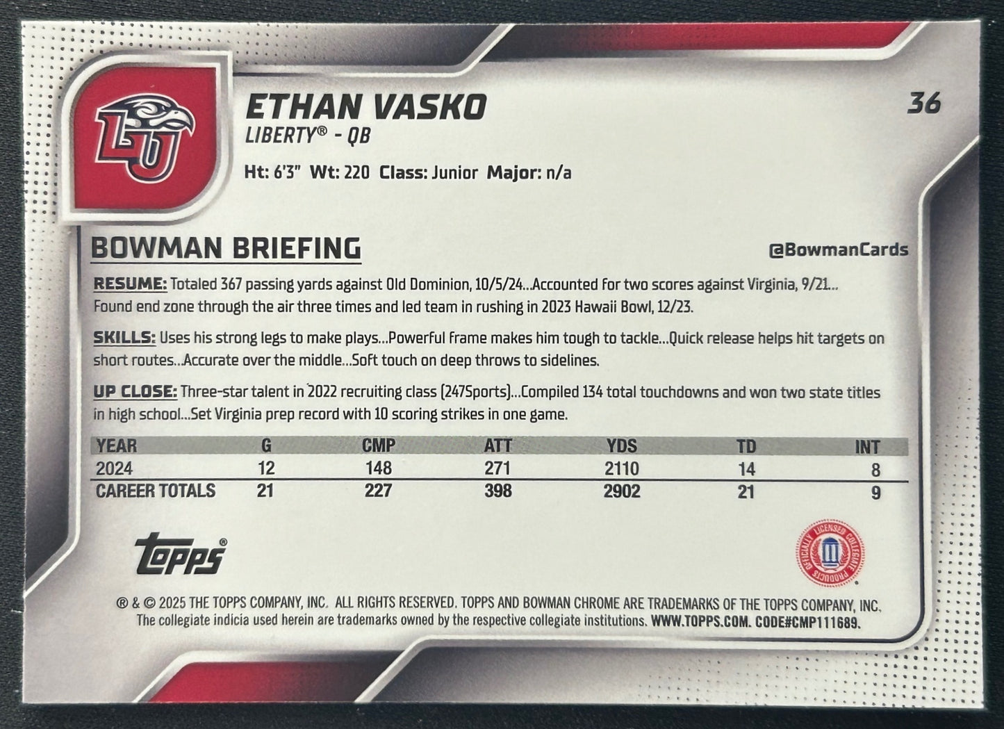 Ethan Vasko 2025 Bowman Chrome University Sapphire Prospect Flames Sports Trading Card