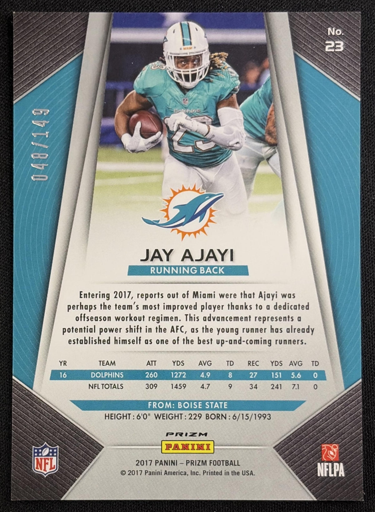 Jay Ajayi 2017 Panini Prizm Blue Wave /149 Dolphins Miami Dolphins Sports Trading Card