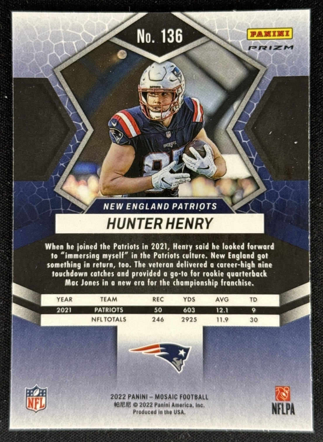 Hunter Henry 2022 Panini Mosaic Patriots Sports Trading Card