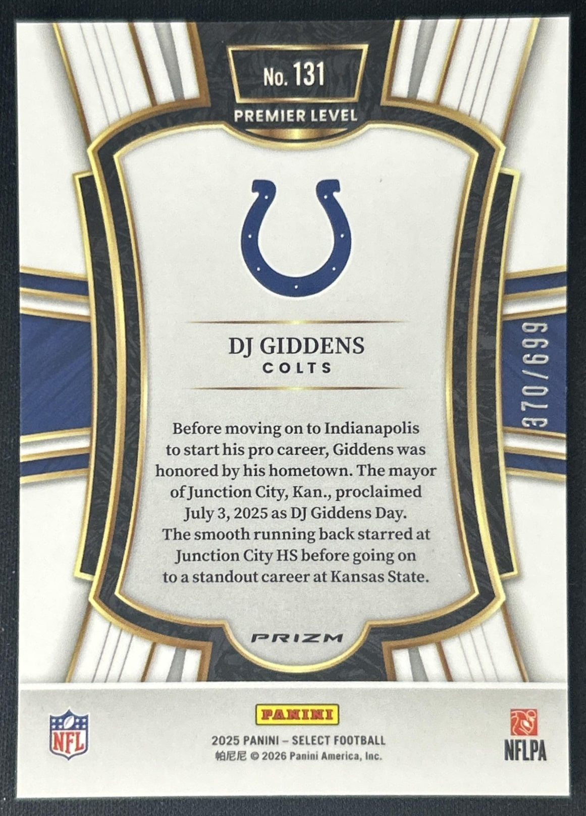 DJ Giddens 2025 Panini Select Premier Level Purple Prizm Shock /699 Colts back